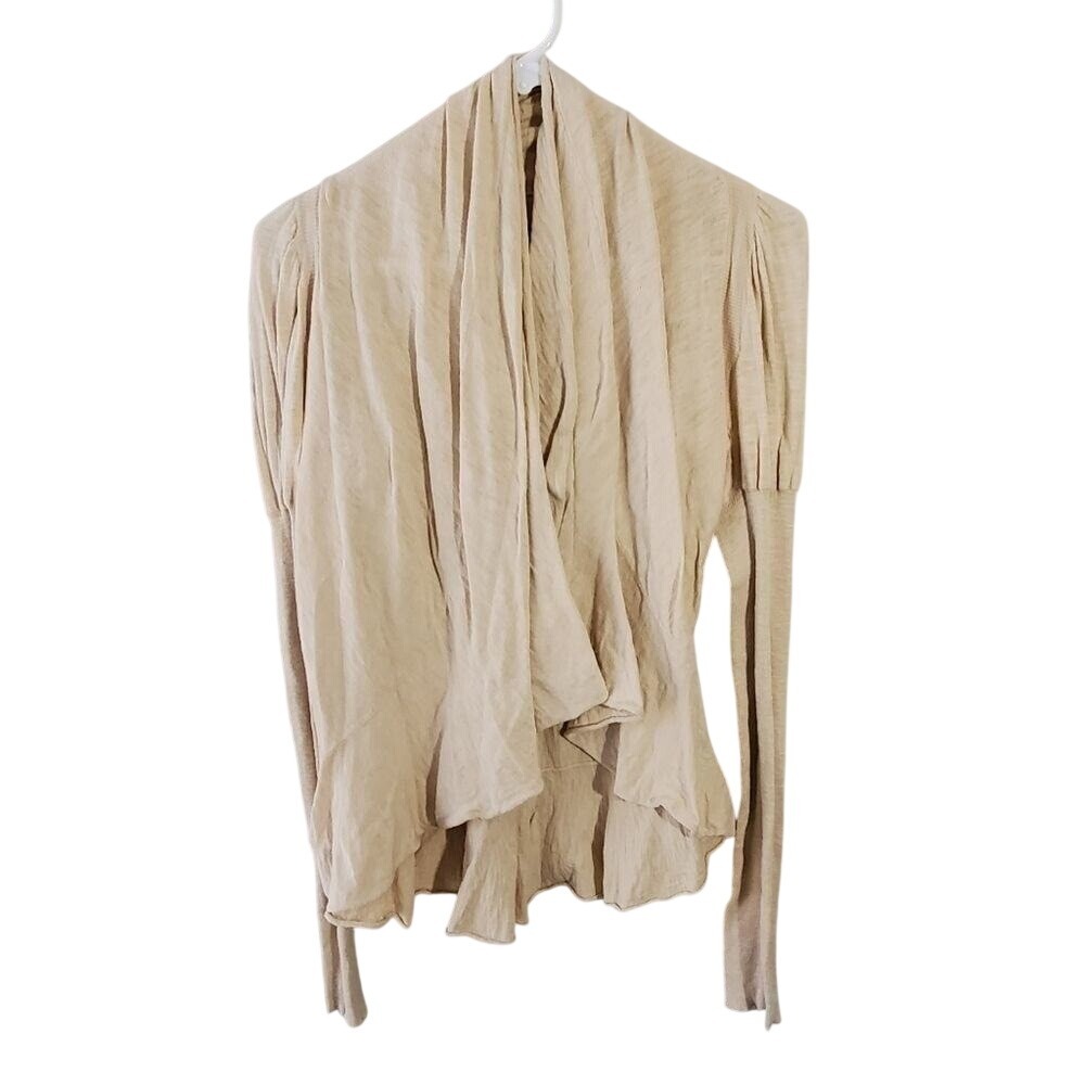 Outback Red Tan Beige Draped Ruffle Open Front Cardigan Puffed Sleeve Medium